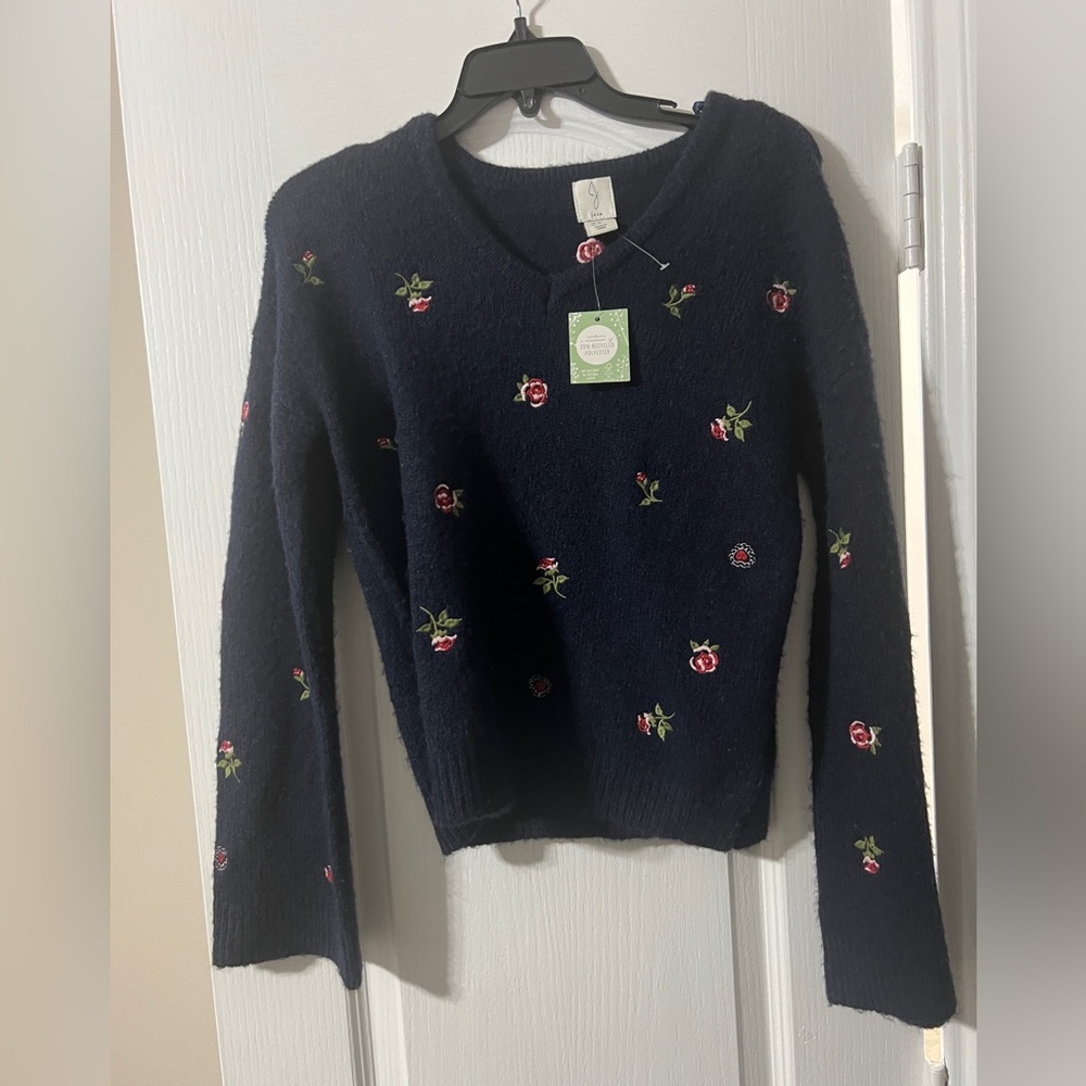 Joie Navy V-Neck Sweater with Pink & Green Floral Embroidery